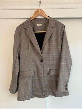 Oversized Micro-houndstooth Blazer in Brown and Gray, single button